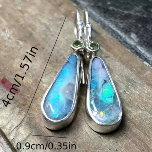 Bohemian Faux Opal Drop Dangle Earrings Light Blue Green Lightweight - Picture 4 of 9